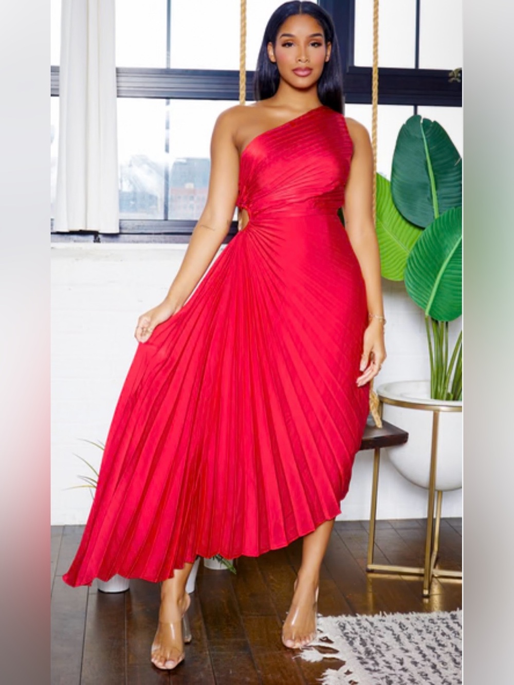 Aakaa One-Shoulder Red Pleated Midi Dress with Side Cutout Detail